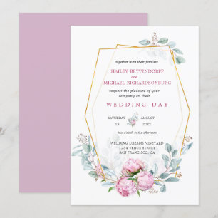 Dusty Pink Peonies Geometric Gold Frame Wedding Invitation