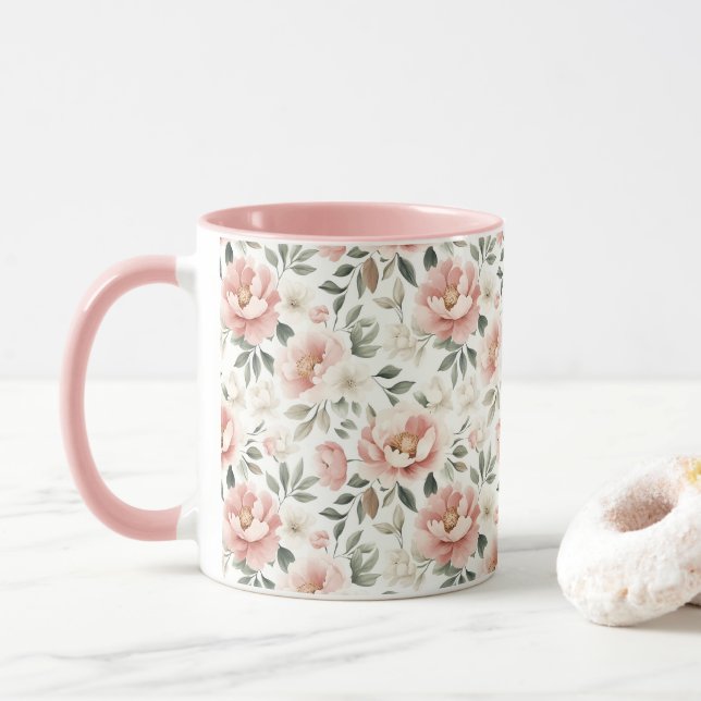 Dusty pink peonies mug (With Donut)