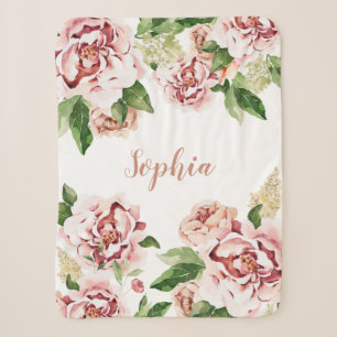 Dusty Pink Peony Floral Girl Name Baby Sherpa Blanket