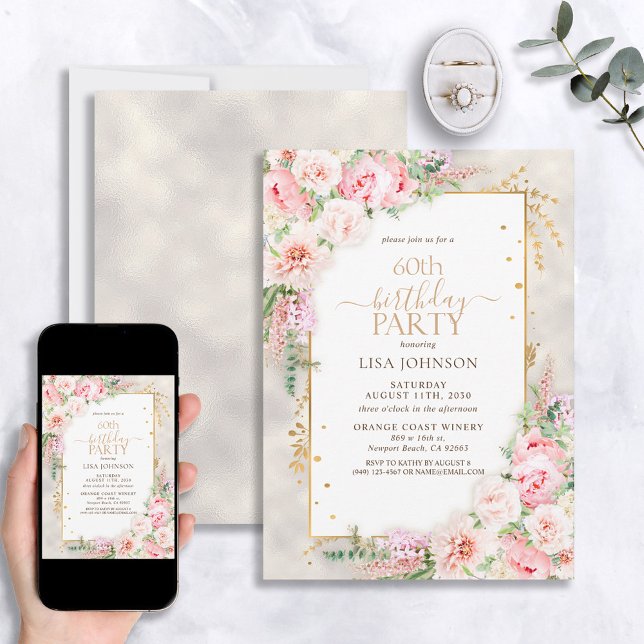 Dusty Pink Peony Floral Gold Shimmer 60th Birthday Invitation (Creator Uploaded)
