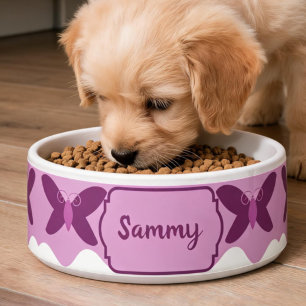 Dusty Pink Pet Food Bowl With Maroon Butterfly