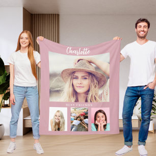 Dusty pink photo collage girl friends fleece blanket