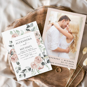 Dusty Pink Photo Floral Eucalyptus Wedding Invitation
