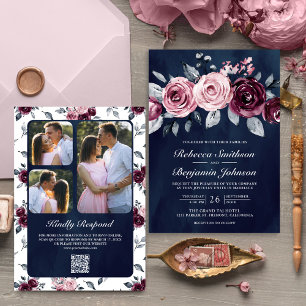 Dusty Pink Plum Purple Floral QR Code Navy Wedding Invitation