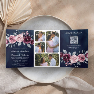 Dusty Pink Plum Purple Floral QR Code Navy Wedding Tri-Fold Invitation