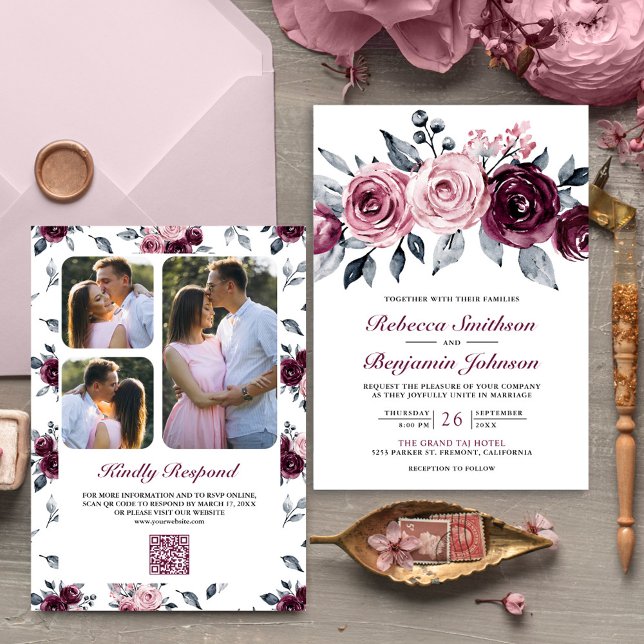 Dusty Pink Plum Purple Floral QR Code Wedding Invitation (Creator Uploaded)