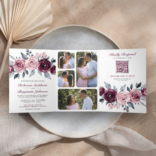 Dusty Pink Plum Purple Floral QR Code Wedding Tri-Fold Invitation