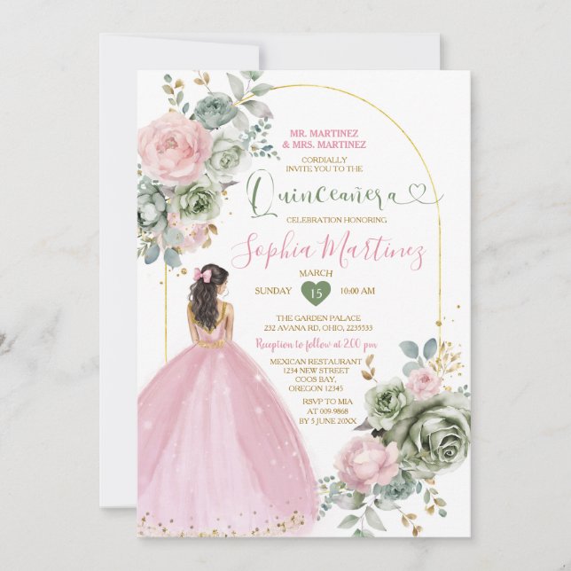 Dusty Pink Princess Dress Sage Floral Quiñceanera Invitation (Front)