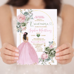 Dusty Pink Princess Dress Sage Floral Quiñceanera Invitation