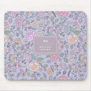 Dusty Pink Purple Blue Whimsical Colourful Floral Mouse Mat
