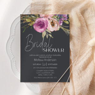 Dusty Pink Purple Floral Charcoal Bridal Shower Invitation
