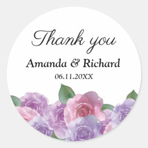 Dusty Pink Purple Floral Wedding Thank You Classic Round Sticker