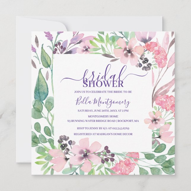 Dusty Pink Purple Wild Flower Bridal Shower Invitation (Front)