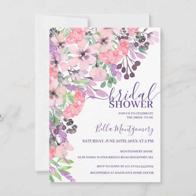 Dusty Pink Purple Wild Flower Bridal Shower Invitation (Front)