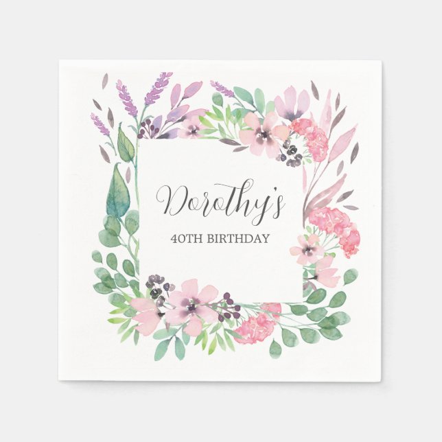 Dusty Pink Purple Wildflower 40th Birthday Party Napkin (Front)