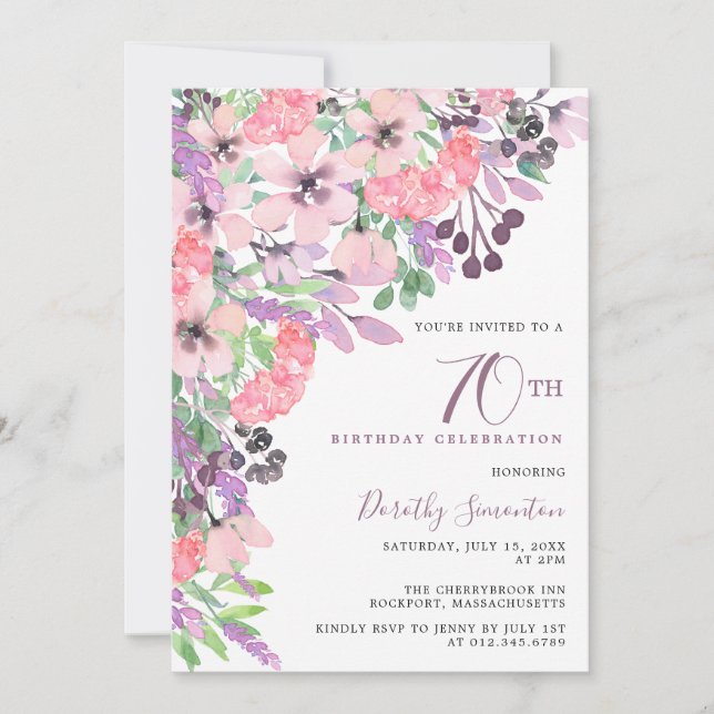 Dusty Pink Purple Wildflower 70th Birthday Invitation (Front)