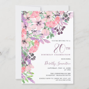 Dusty Pink Purple Wildflower 80th Birthday Invitation