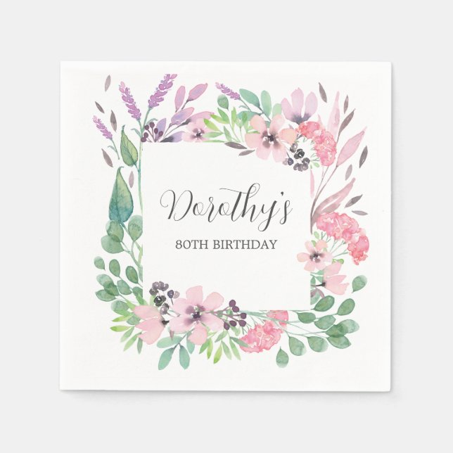 Dusty Pink Purple Wildflower 80th Birthday Party Napkin (Front)