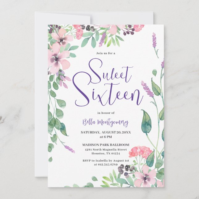 Dusty Pink Purple Wildflower Sweet 16 Invitation (Front)