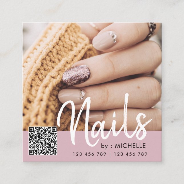 Dusty Pink  QR code nails photo business cards (Front)