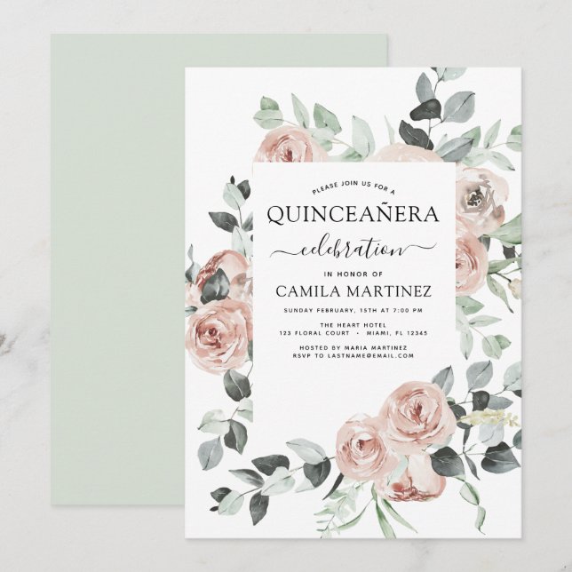 Dusty Pink Quinceañera Floral Greenery Invitation (Front/Back)