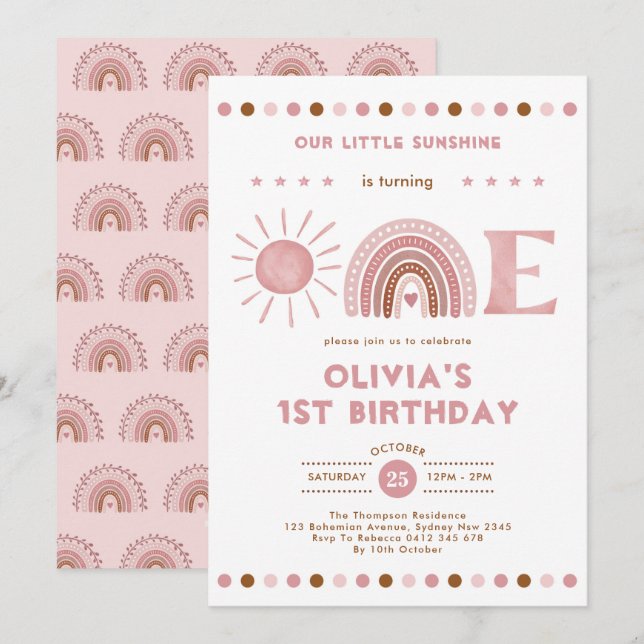 Dusty Pink Rainbow & Sunshine Girl 1st Birthday  Invitation (Front/Back)