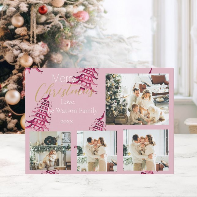 Dusty pink red Christmas Pagoda Trees 5-Photo  Holiday Card (Dusty pink red Christmas Pagoda Trees 5-Photo Holiday Card)