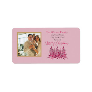 Dusty Pink red Pagoda Christmas Trees 1-Photo Label