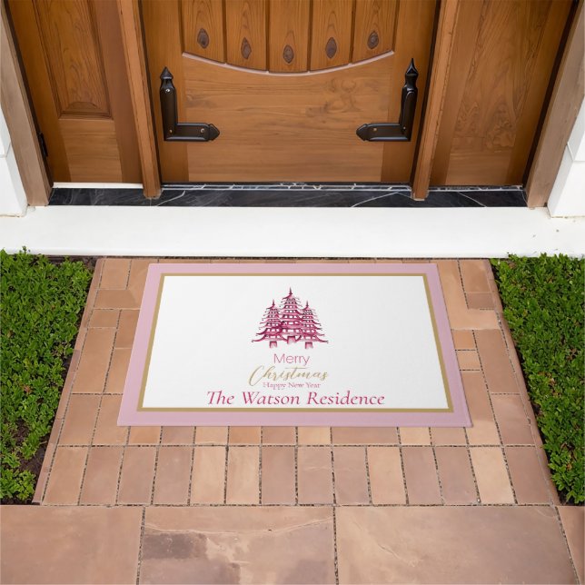 Dusty Pink red Pagoda Christmas Trees Door Mat (Outdoor)