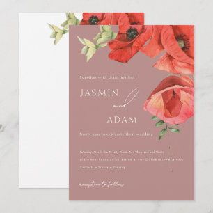 Dusty Pink Red Poppy Floral Wedding Invitation