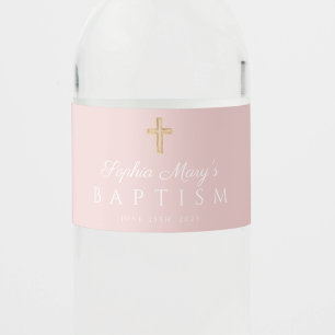 Dusty Pink Religious Cross Girl  Baptism Water Bottle Label