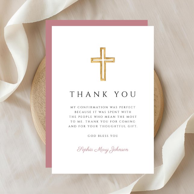 Dusty Pink Religious Cross Girl Confirmation Thank You Card (Dusty Pink Religious Cross Girl Confirmation Thank You Card)