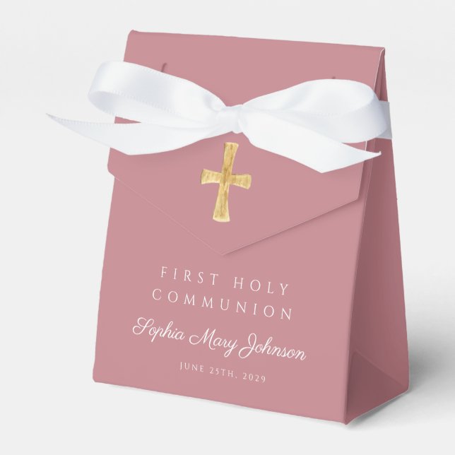 Dusty Pink Religious Cross Girl First Communion Favour Box (Front Side)