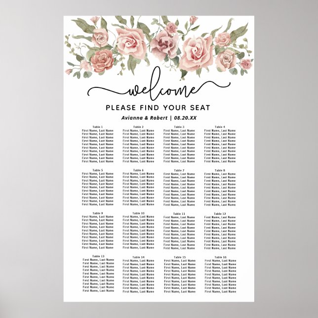 Dusty Pink Rose 16-Table Wedding Seating Chart (Front)