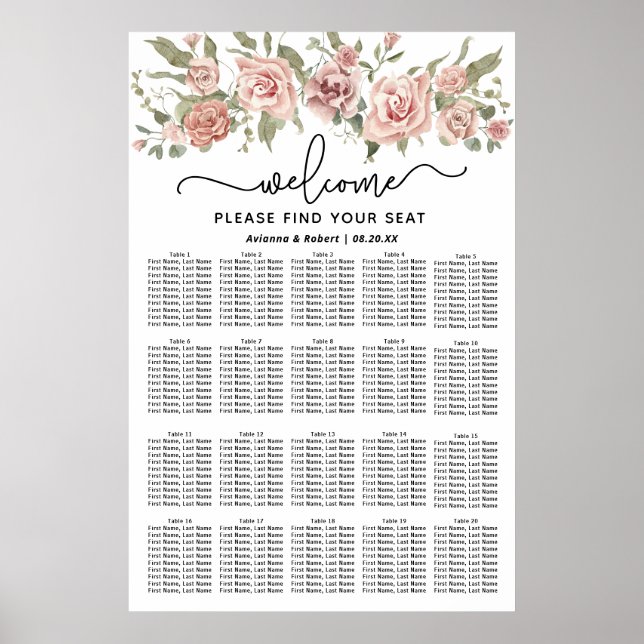 Dusty Pink Rose 20-Table Wedding Seating Chart (Front)