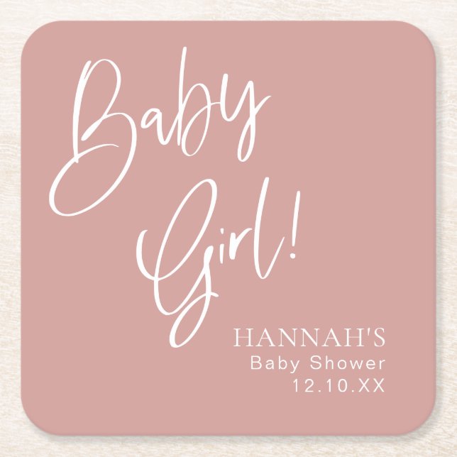 Dusty Pink/ Rose Baby Girl Baby Shower Square Paper Coaster (Front)