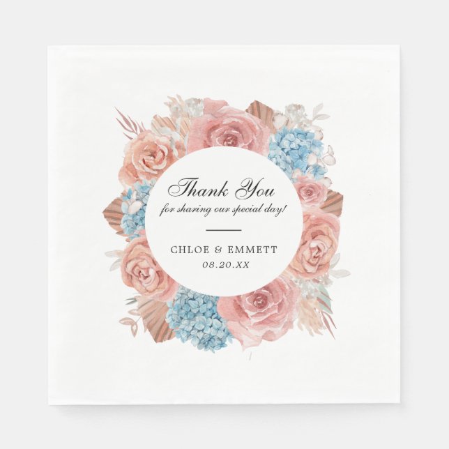 Dusty Pink Rose Blue Hydrangea Wedding  Napkin (Front)