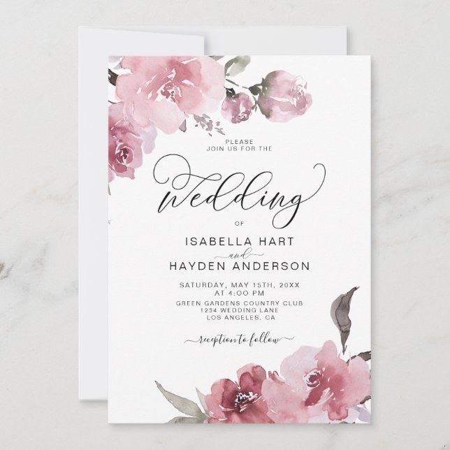 Dusty Pink Rose Blush Flowers Floral Wedding Invitation (Front)