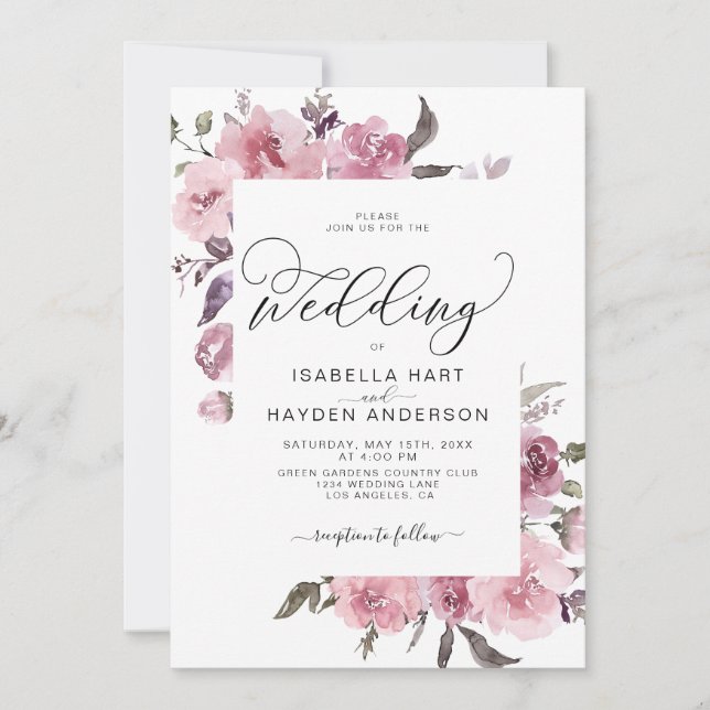 Dusty Pink Rose Blush Watercolor Floral Wedding Invitation (Front)