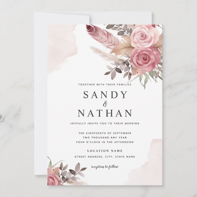 Dusty Pink Rose Boho Flowers Wedding Invitation (Front)