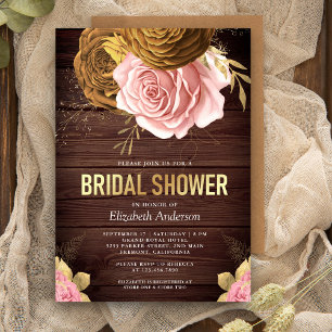 Dusty Pink Rose Earthy Floral Wood Bridal Shower Invitation