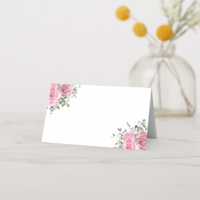 Dusty Pink Rose Eucalyptus Botanical Floral Place Card (Front)