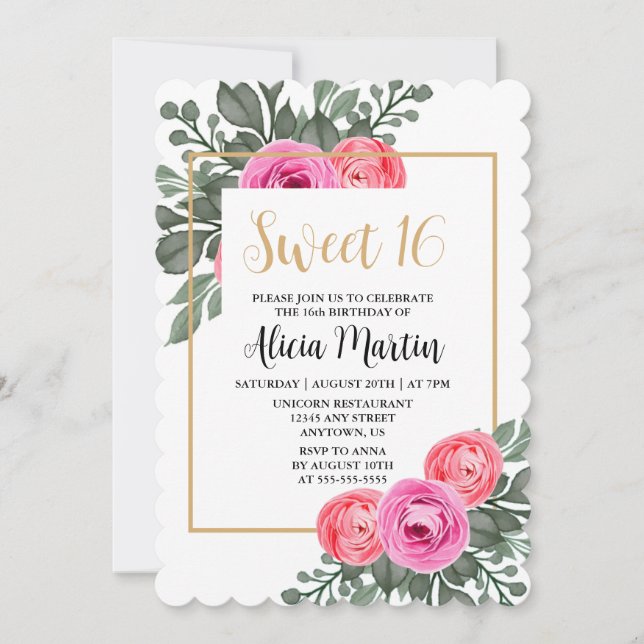 Dusty Pink Rose Flora Greenery Gold Sweet 16 Invitation (Front)