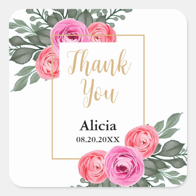 Dusty Pink Rose Flora Greenery Gold Thank You Square Sticker (Front)