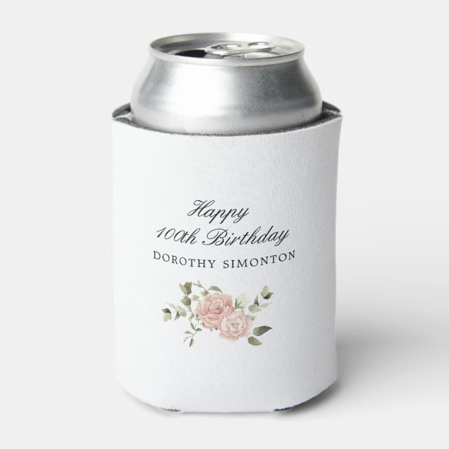 Dusty Pink Rose Floral 100th Birthday  Can Cooler (Can Front)