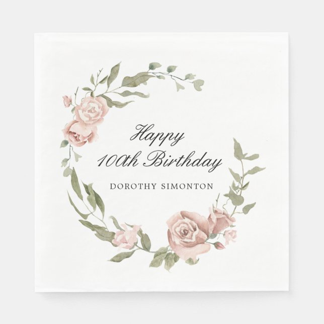 Dusty Pink Rose Floral 100th Birthday  Napkin (Front)