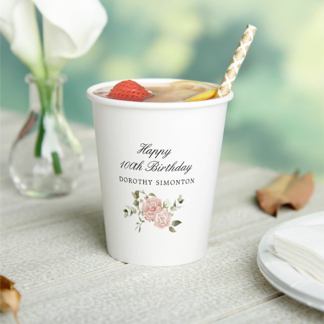 Dusty Pink Rose Floral 100th Birthday  Paper Cups (Insitu)