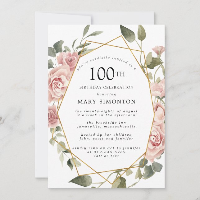 Dusty Pink Rose Floral 100th Birthday Party Invitation (Front)