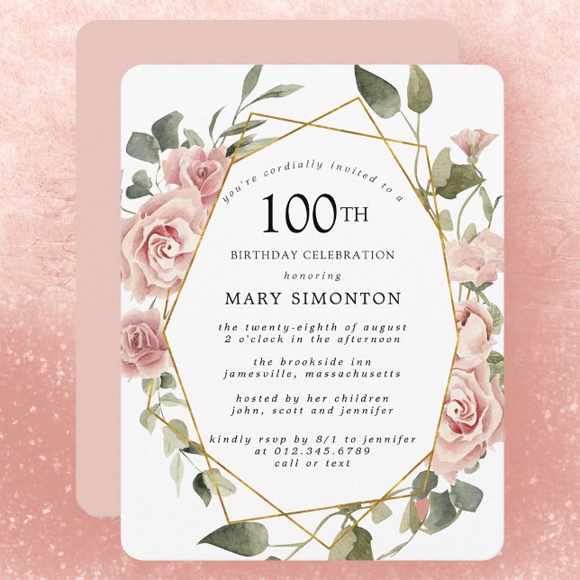 Dusty Pink Rose Floral 100th Birthday Party Invitation (Creator Uploaded)