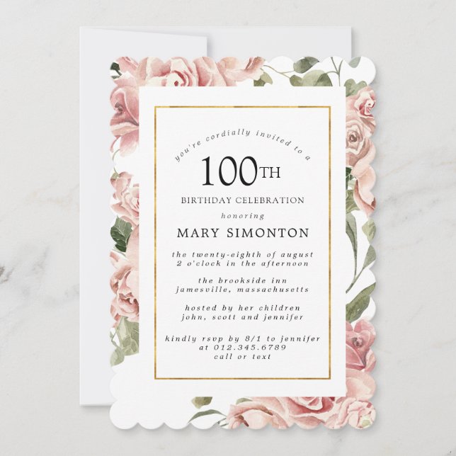 Dusty Pink Rose Floral 100th Gold Birthday Party Invitation (Front)